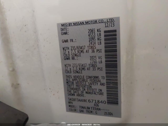 42430329 :رقم المزاد ، 5N1BT3AAXRC671840 vin ، 2024 Nissan Rogue S Fwd مزاد بيع