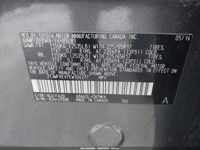2T3WFREV7EW104277 Toyota 2ar-fe