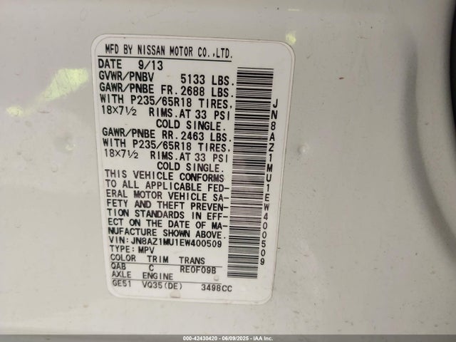 JN8AZ1MU1EW400509 Nissan MURANO SL