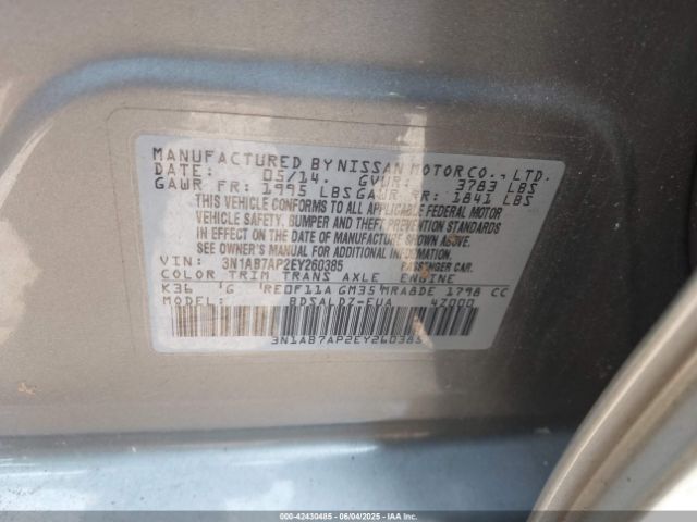 3N1AB7AP2EY260385 Nissan Sentra Fe+ S/fe+ Sv/s/sl/sr/sv