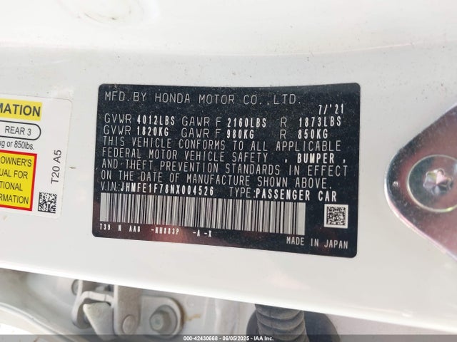 42430668 :رقم المزاد ، JHMFE1F78NX004526 vin ، 2022 Honda Civic Ex مزاد بيع
