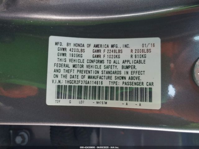 1HGCR2F37GA114616 Honda ACCORD LX