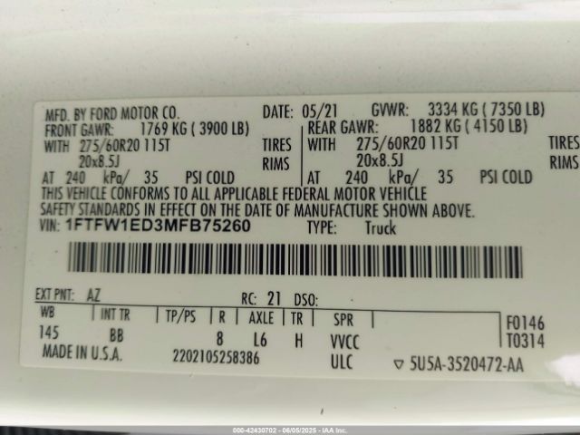 1FTFW1ED3MFB75260 Ford F-150 Platinum