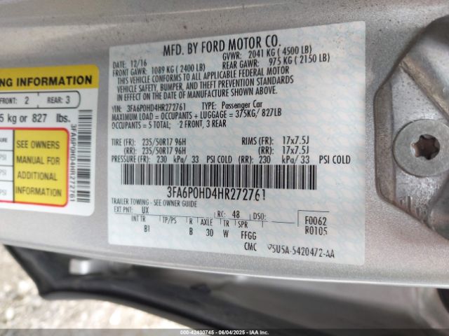 2017 FORD FUSION 3FA6P0HD4HR272761 Photo 8