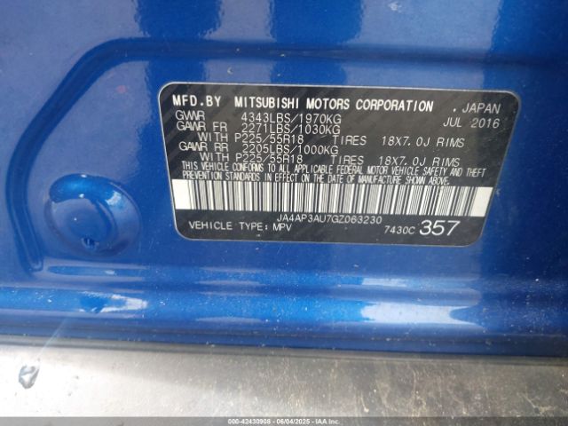 JA4AP3AU7GZ063230 Mitsubishi Outlander Sport 2.0 Es