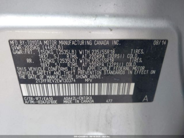 2T3YFREV2EW130374 Toyota 2ar-fe