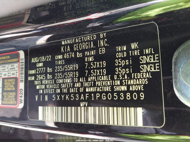 5XYK53AF1PG053809 KIA gdi theta iii
