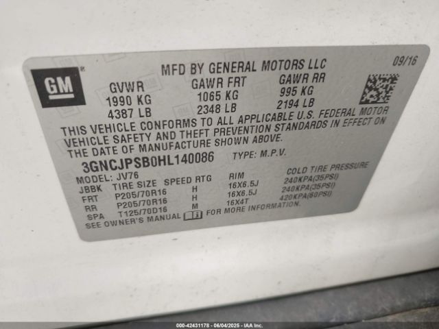 3GNCJPSB0HL140086 Chevrolet Trax Lt
