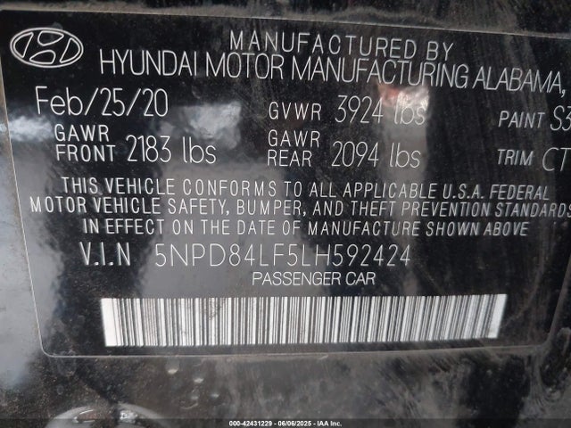 5NPD84LF5LH592424 Hyundai mpi nu