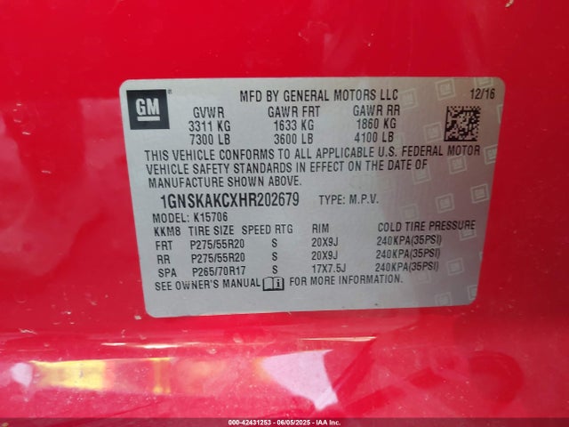 1GNSKAKCXHR202679 Chevrolet l83 - sidi: spark ignited direct injection, vvt: variable valve timing, afm, e85 max, alum