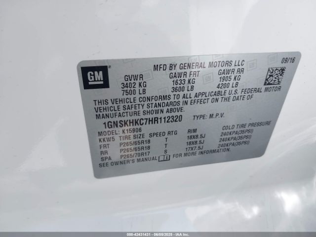 1GNSKHKC7HR112320 Chevrolet l83 - sidi: spark ignited direct injection, vvt: variable valve timing, afm, e85 max, alum