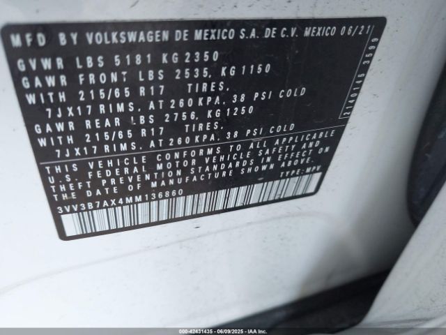 3VV3B7AX4MM136860 Volkswagen Tiguan 2.0t Se/2.0t Se R-line Black/2.0t Sel