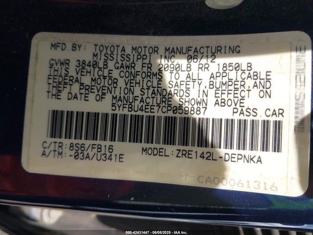 Продаж на аукціоні авто 2012 Toyota Corolla Le, vin: 5YFBU4EE7CP059887, номер лоту: 42431447