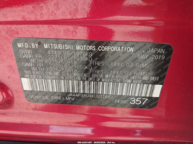 2019 MITSUBISHI OUTLANDER SPORT JA4AP3AU4KU031681 Photo 8