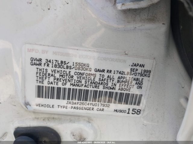 2000 MITSUBISHI MIRAGE JA3AY26C4YU017932 Photo 8