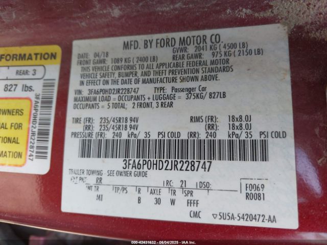 3FA6P0HD2JR228747 Ford FUSION SE