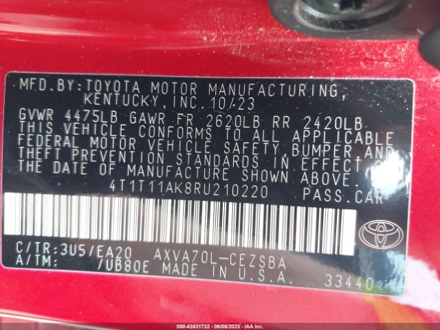 4T1T11AK8RU210220 Toyota CAMRY SE