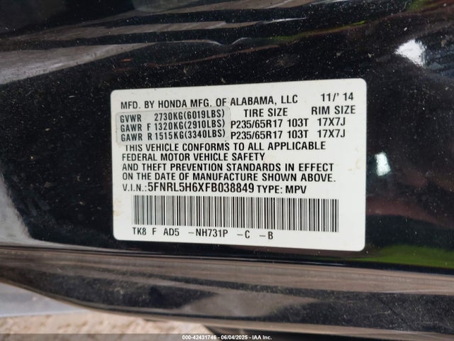 5FNRL5H6XFB038849 Honda j35z8
