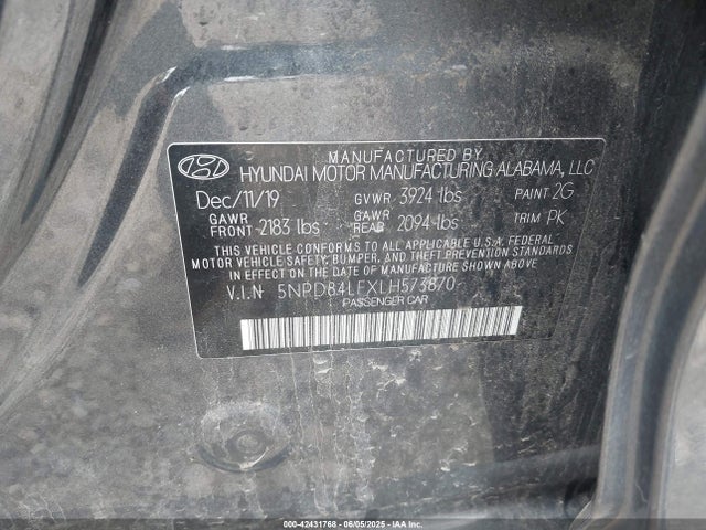 5NPD84LFXLH573870 Hyundai mpi nu