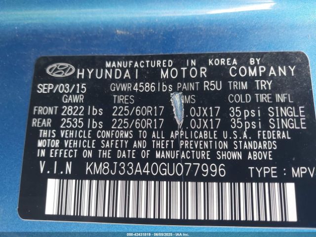 KM8J33A40GU077996 Hyundai 2016