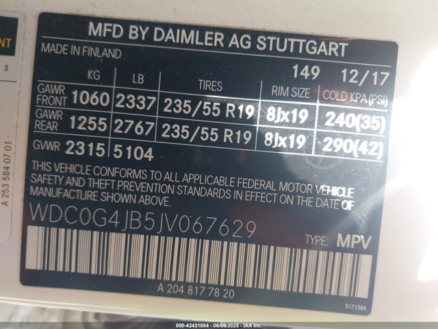 WDC0G4JB5JV067629 Mercedes-Benz m274