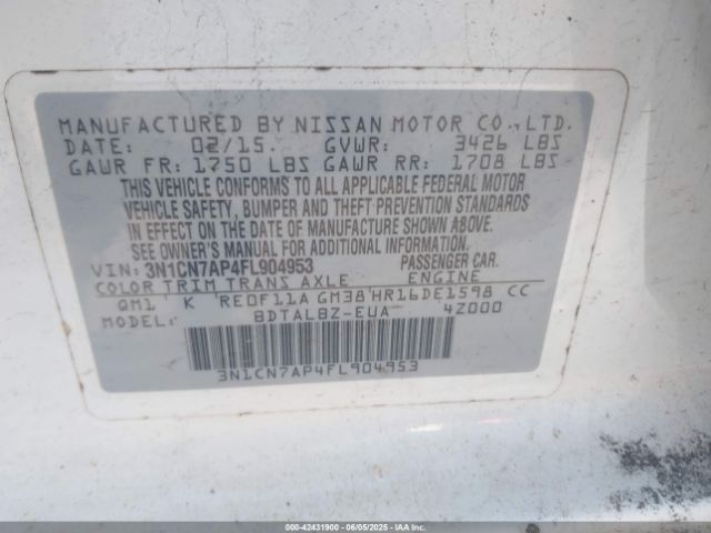 3N1CN7AP4FL904953 Nissan 2015