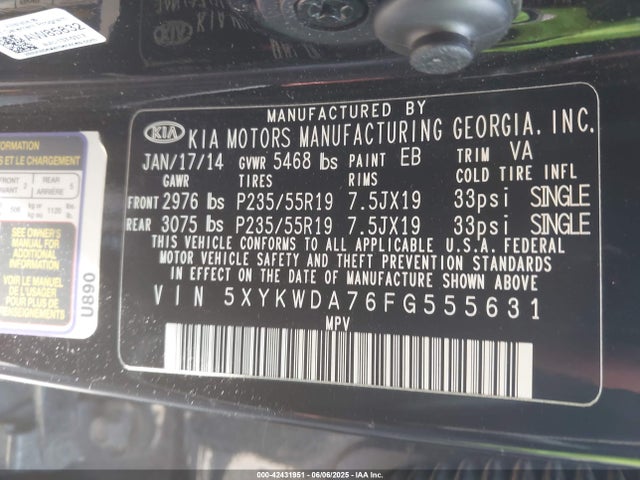 5XYKWDA76FG555631 KIA Sorento Sx V6