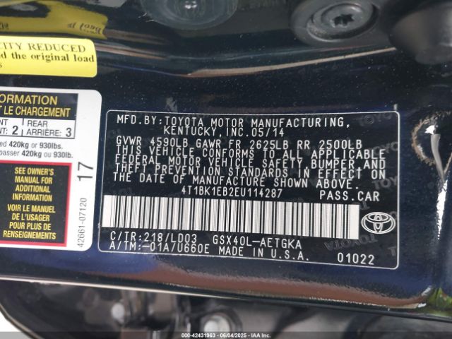 4T1BK1EB2EU114287 Toyota AVALON XLE