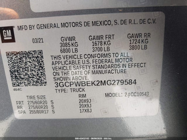 3GCPWBEK2MG279584 Chevrolet l3b - sidi, vvt, alum