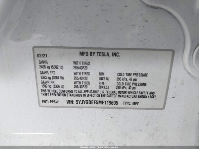 2021 TESLA MODEL Y 5YJYGDEE5MF119695 Photo 8