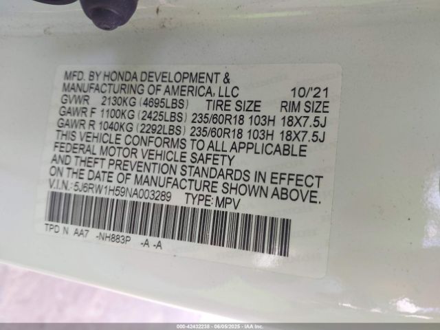 5J6RW1H59NA003289 Honda Cr-v 2wd Ex