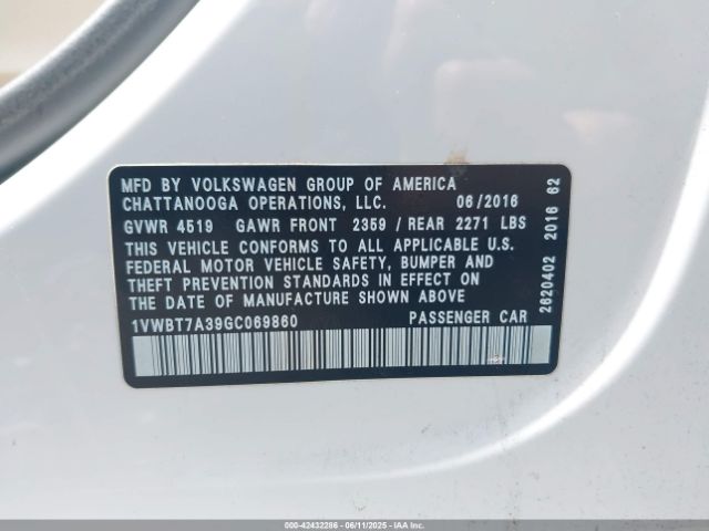 1VWBT7A39GC069860 Volkswagen Passat 1.8t Se