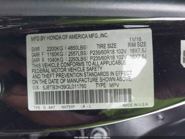 2016 ACURA RDX 5J8TB3H39GL011760 Photo 8