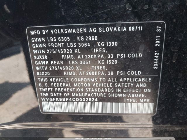 2012 VOLKSWAGEN TOUAREG WVGFK9BP4CD002524 Photo 8