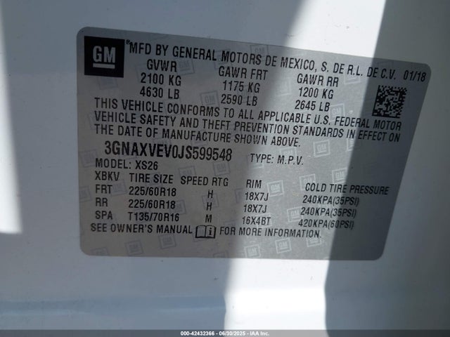 3GNAXVEV0JS599548 Chevrolet lyx - direct injection, vvt, fgt, turbo, alum, gen1