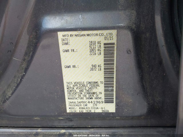 Nissan Altima 2.5 Sl 2015 1N4AL3AP9FC441969 Image 9
