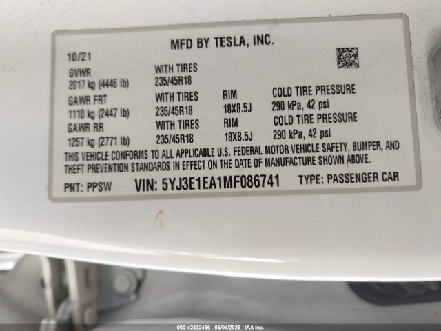 2021 TESLA MODEL 3 5YJ3E1EA1MF086741 Photo 8