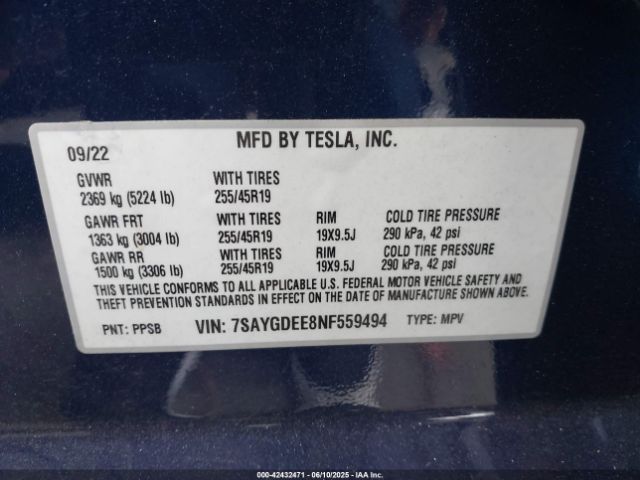 7SAYGDEE8NF559494 Tesla 2022