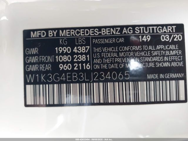 W1K3G4EB3LJ234065 Mercedes-Benz A 220