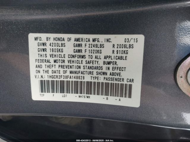 1HGCR2F3XFA148628 Honda k24w1
