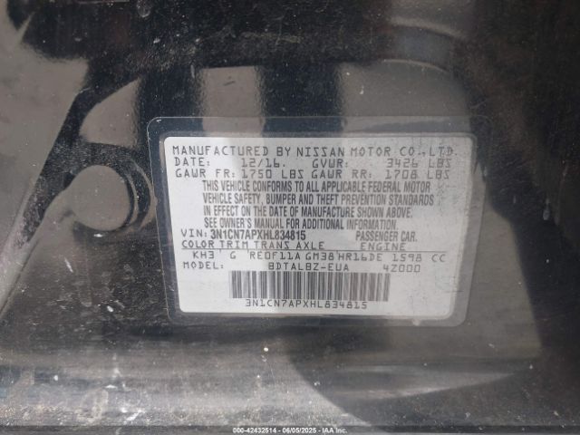 3N1CN7APXHL834815 Nissan Versa 1.6 Sv