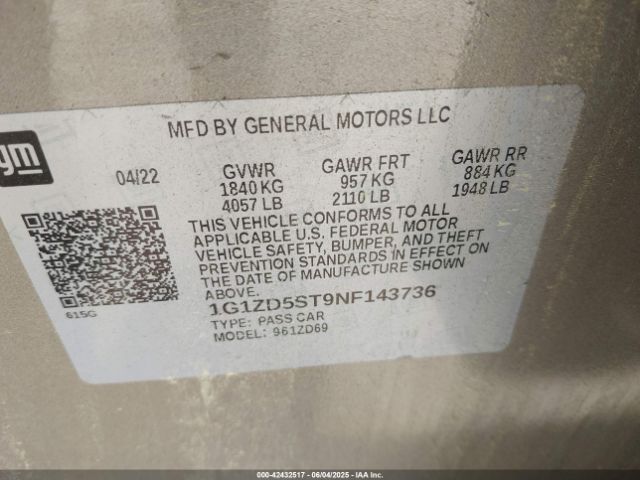 1G1ZD5ST9NF143736 Chevrolet Malibu Fwd Lt