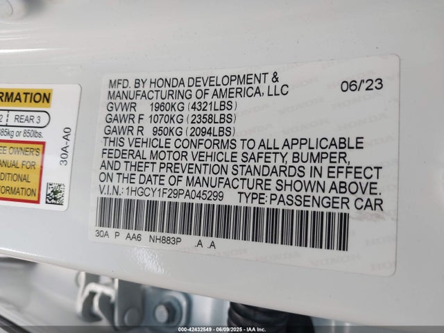 1HGCY1F29PA045299 Honda l15be