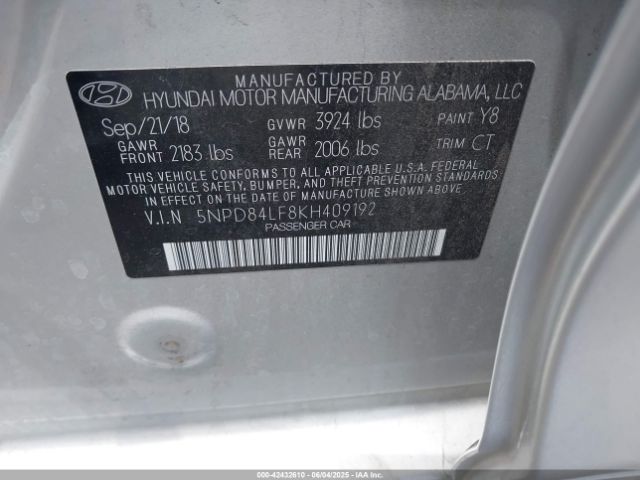 5NPD84LF8KH409192 Hyundai ELANTRA SEL