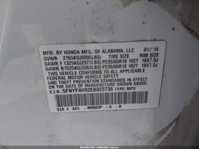 5FNYF4H92EB023736 Honda Pilot Touring