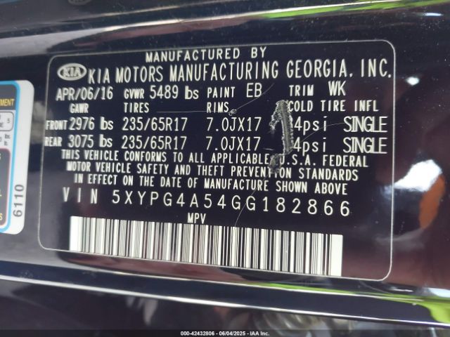 5XYPG4A54GG182866 KIA Sorento 3.3l Lx