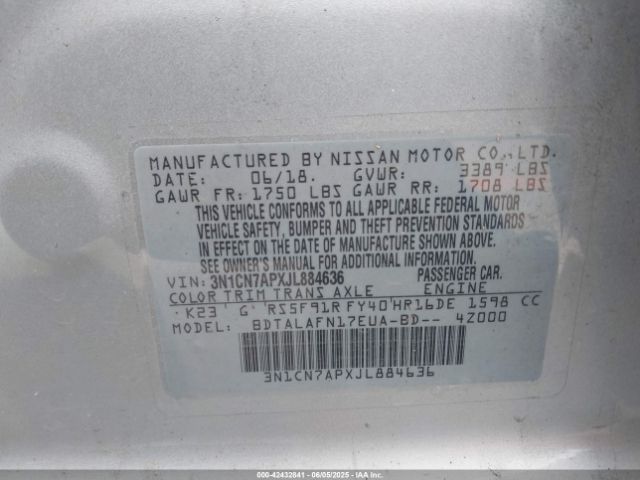 3N1CN7APXJL884636 Nissan Versa