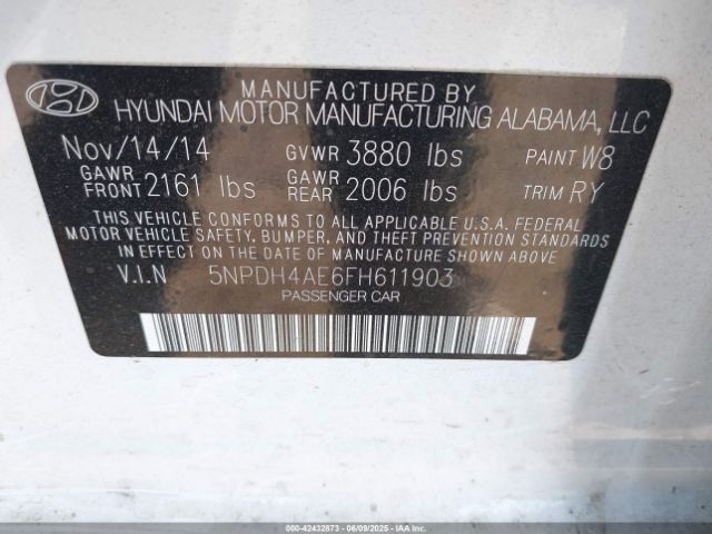 5NPDH4AE6FH611903 Hyundai ELANTRA SE