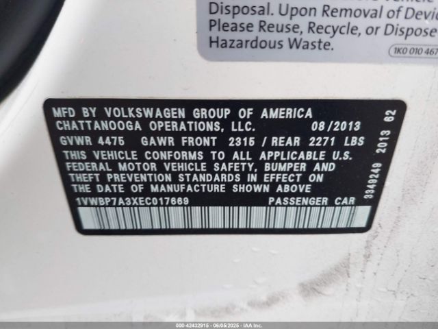 1VWBP7A3XEC017669 Volkswagen Passat 2.5l Se