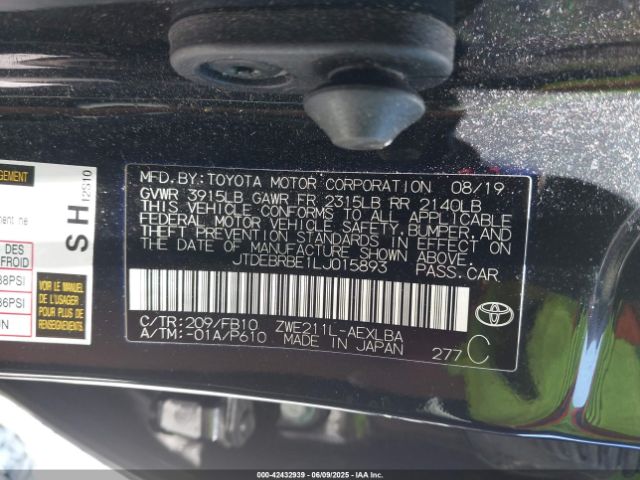 JTDEBRBE1LJ015893 Toyota 2zr-fxe, 1nm
